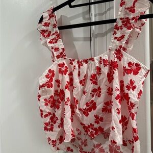 J. Crew Red and White Floral Top. Light Weight. Ruffled and Smocked Straps